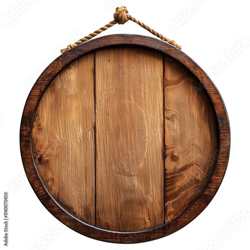 isolated wooden round signboard hanging on a rope photo