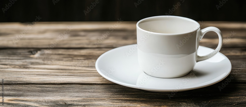 Minimalist coffee cup on white plate resting on rustic wooden table, creating a warm and inviting café atmosphere. Minimalist coffee cup on white plate resting on rustic wooden table, creating a warm and inviting café atmosphere.