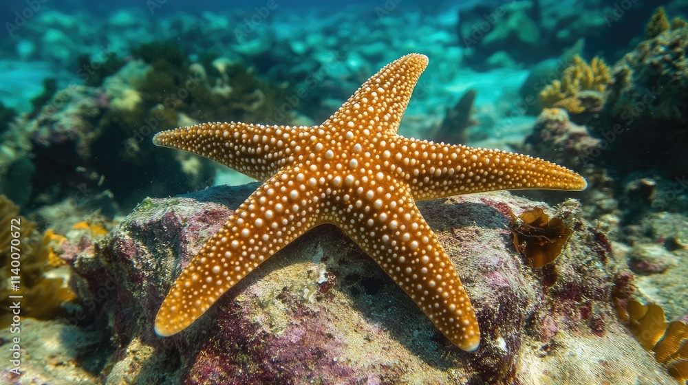 Underwater scene featuring a vibrant starfish resting on coral in a clear tropical ocean environment showcasing marine life diversity Underwater scene featuring a vibrant starfish resting on coral in a clear tropical ocean environment showcasing marine life diversity