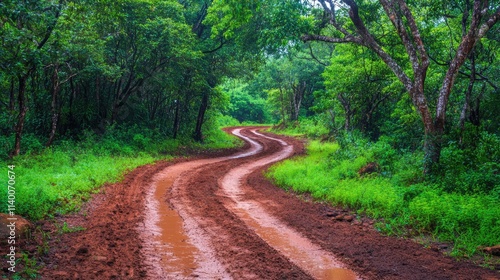 Winding dirt road through lush green forest with vibrant foliage and rich muddy textures in natural setting