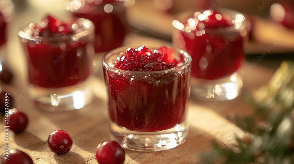 Cranberry jelly dessert served in small glass jars with fresh cranberries on a rustic wooden table setting Cranberry jelly dessert served in small glass jars with fresh cranberries on a rustic wooden table setting