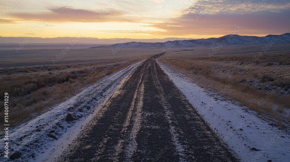 Naklejka premium Serene winter landscape featuring a dirt road leading through a snowy field at sunset with colorful skies and distant mountains.