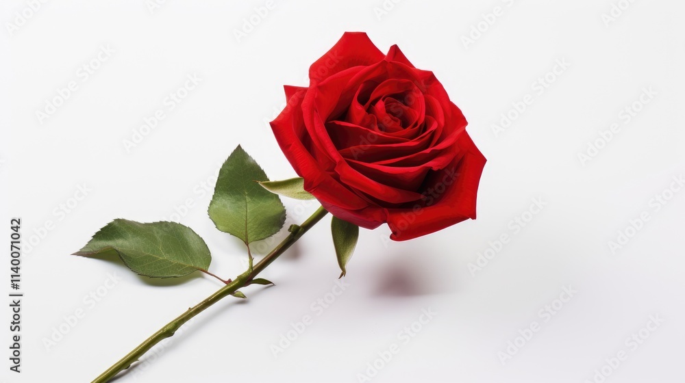 Fototapeta premium Elegant close-up of a single red rose with green leaves on a pristine white background symbolizing beauty and romance.