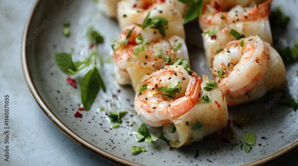 Prawn Roulades Garnished with Fresh Herbs Ideal for Celebratory Dining on Mother's Day Prawn Roulades Garnished with Fresh Herbs Ideal for Celebratory Dining on Mother's Day