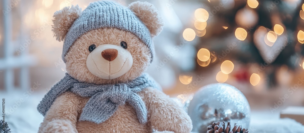 custom made wallpaper toronto digitalVintage teddy bear in festive attire surrounded by Christmas decorations and soft bokeh lights creating a warm holiday atmosphere