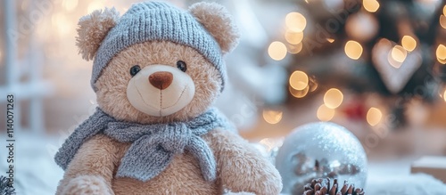 Wallpaper Mural Vintage teddy bear in festive attire surrounded by Christmas decorations and soft bokeh lights creating a warm holiday atmosphere Torontodigital.ca