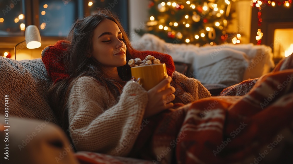 A young woman wearing a cozy outfit is relaxing on a couch in a festive living room. She's enjoying a snack while sipping on hot chocolate. A young woman wearing a cozy outfit is relaxing on a couch in a festive living room. She's enjoying a snack while sipping on hot chocolate.