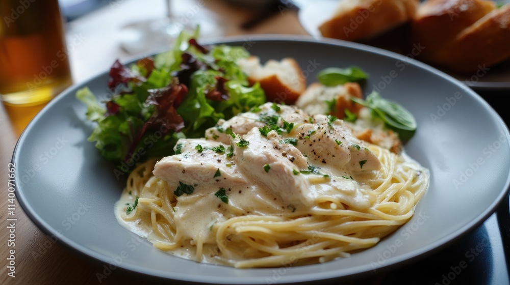 Creamy chicken pasta with basil salad and artisan bread served in a stylish plate for gourmet dining experience Creamy chicken pasta with basil salad and artisan bread served in a stylish plate for gourmet dining experience
