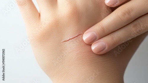 Close-up of a small scar on the back of the hand, symbolizing injury recovery and scar treatment concerns.