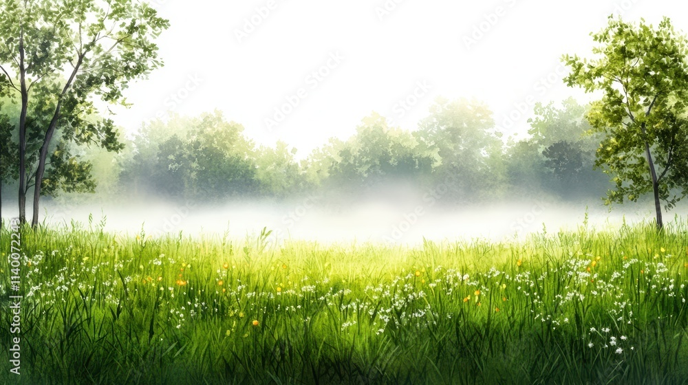 Serene Misty Meadow with Lush Green Grass and Gentle Trees Under a Bright Sky Serene Misty Meadow with Lush Green Grass and Gentle Trees Under a Bright Sky