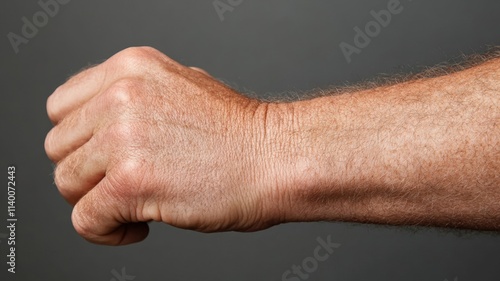 Close-up of aged male hand fist with visible wrinkles, texture, and natural hair on the skin.