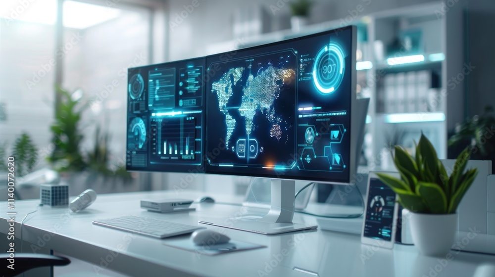 Modern Workplace with Futuristic Computer Displaying Global Data and Analytics in a Bright Office Modern Workplace with Futuristic Computer Displaying Global Data and Analytics in a Bright Office