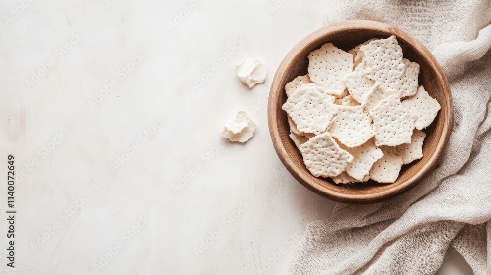 Crispy crackers in a wooden bowl on a light background with a rustic cloth adding texture to the composition Crispy crackers in a wooden bowl on a light background with a rustic cloth adding texture to the composition