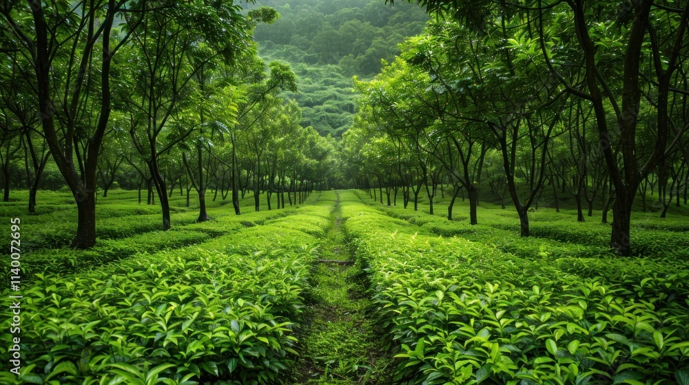 Lush Green Tea Plantation with Trees and Pathway Lush Green Tea Plantation with Trees and Pathway