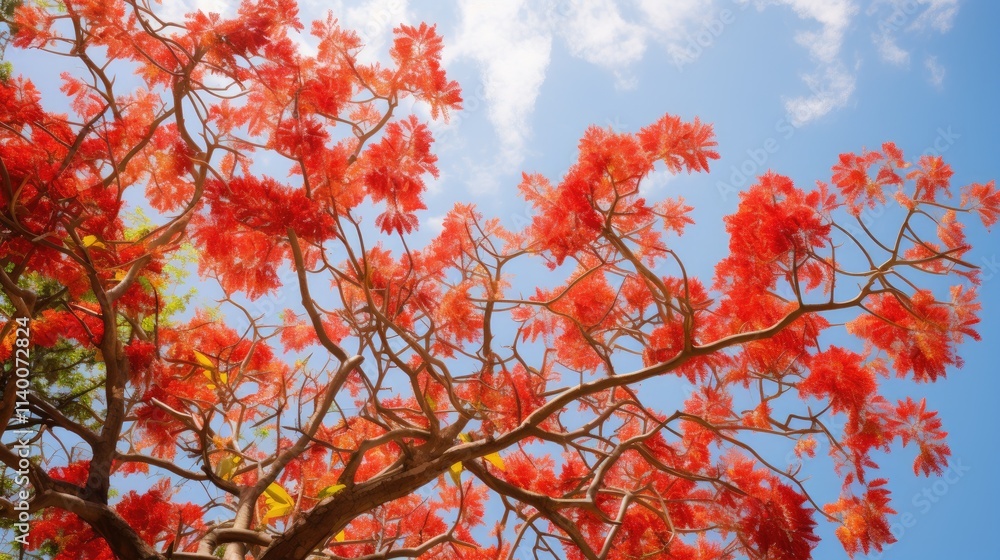 Vibrant red flowers of delonix regia tree against a clear blue sky showcasing the beauty of nature on a sunny day in a wide angle view Vibrant red flowers of delonix regia tree against a clear blue sky showcasing the beauty of nature on a sunny day in a wide angle view