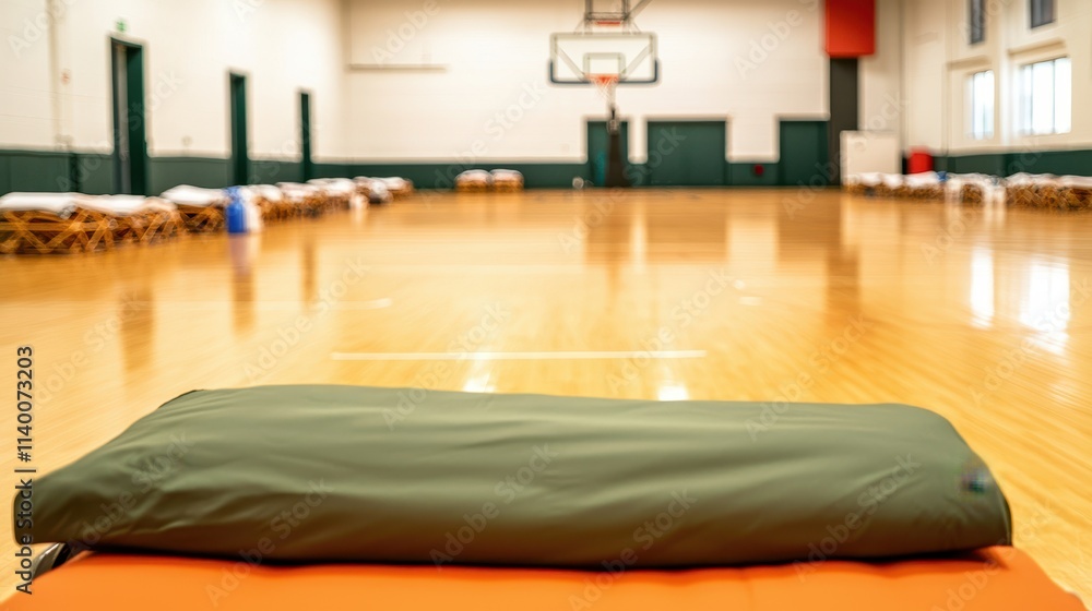 Naklejka premium Emergency Shelter School Concept, Indoor Basketball Court Converted for Emergency Shelter with Cots for Temporary Housing and Relief Operations