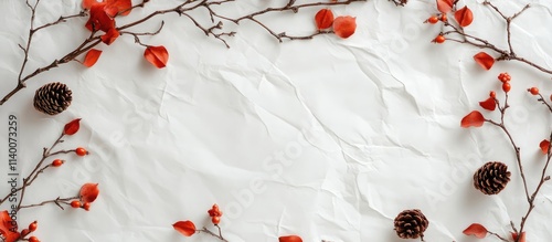 Nature inspired flat lay composition with branches red accents and pine cones on textured white background for seasonal themes and decor ideas photo