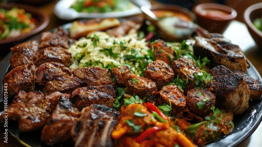 Grilled meats and spices served on a platter with rice and vegetables showcasing a vibrant and appetizing dinner spread Grilled meats and spices served on a platter with rice and vegetables showcasing a vibrant and appetizing dinner spread