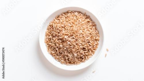 Brown rice in a white bowl on clean backdrop showcasing healthy grains for nutrition or culinary themes.