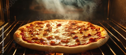 Hot, fresh pizza baking in the oven with steam rising, showcasing the delicious cheese and toppings on a golden crust. photo