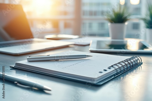 Modern workspace with open notebook, pen, laptop, and tablet.  Sunlight streams through window. Ideal for business, finance, or productivity concepts.