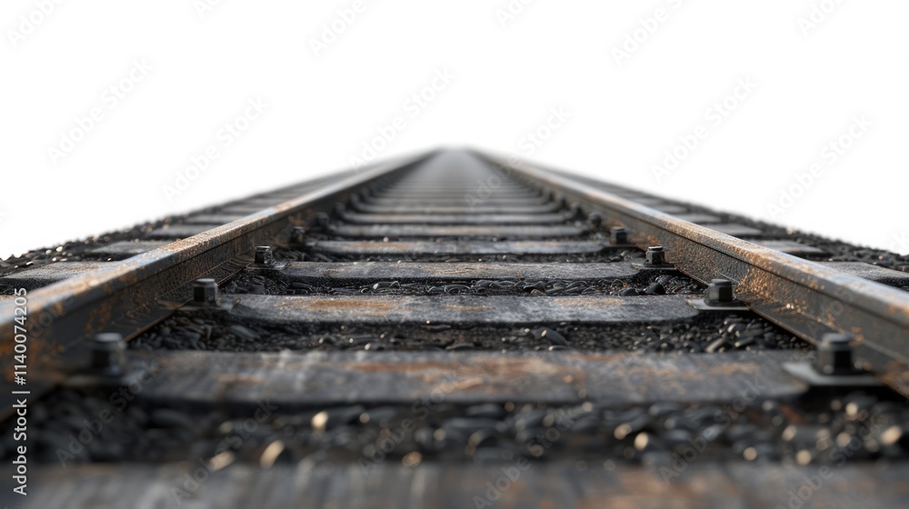 Close-Up View of Railroad Tracks Stretching into the Distance on White Background Close-Up View of Railroad Tracks Stretching into the Distance on White Background