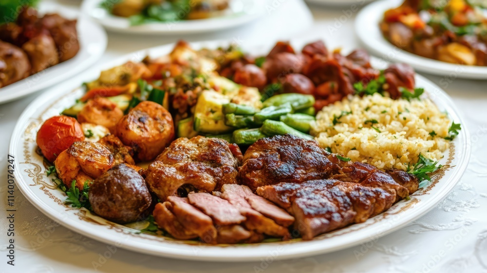 Elegant dinner plate with assorted meat and vegetable dishes arranged beautifully for a festive dining experience Elegant dinner plate with assorted meat and vegetable dishes arranged beautifully for a festive dining experience
