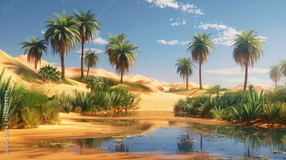 Obraz premium Serene Desert Oasis: Lush Palms and Tranquil Waters Under a Sunny Sky