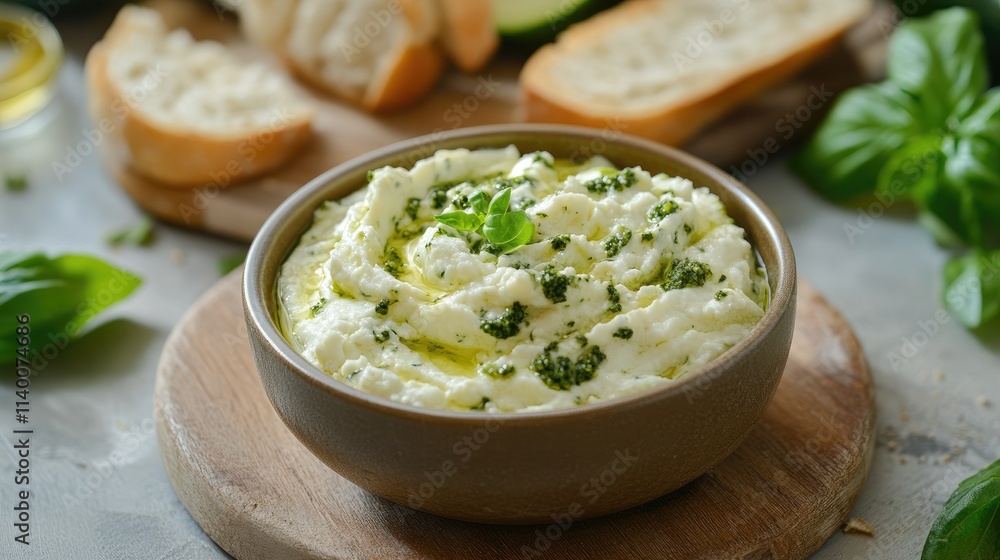 Creamy potato and zucchini soup with soft cheese served with pesto bread Vegan friendly healthy meal Seasonal dining idea Creamy potato and zucchini soup with soft cheese served with pesto bread Vegan friendly healthy meal Seasonal dining idea