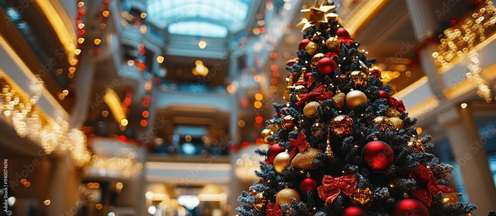 Elegant Christmas tree adorned with ornaments illuminated by a festive bokeh background in a beautifully decorated indoor setting Elegant Christmas tree adorned with ornaments illuminated by a festive bokeh background in a beautifully decorated indoor setting