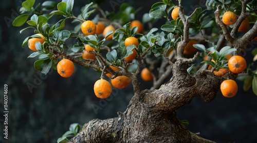 Diospyros cathayensis with vibrant orange fruit against a dark background showcasing its unique twisted trunk and lush green foliage photo