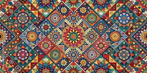 Vibrant Geometric Mandala Patchwork Design with Intricate Floral and Starburst Motifs