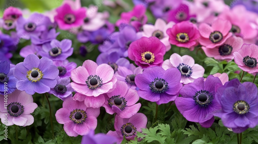 Fototapeta premium Vibrant display of anemones in shades of pink and purple showcasing their delicate beauty in a lush garden setting