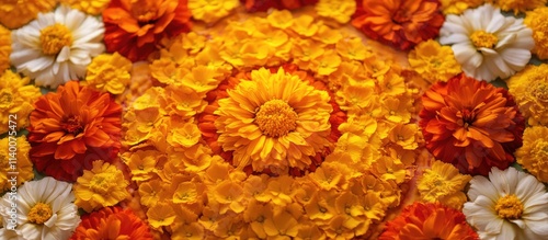 Colorful rangoli design featuring vibrant marigold flowers and petals in yellow and orange hues for festive decorations. photo