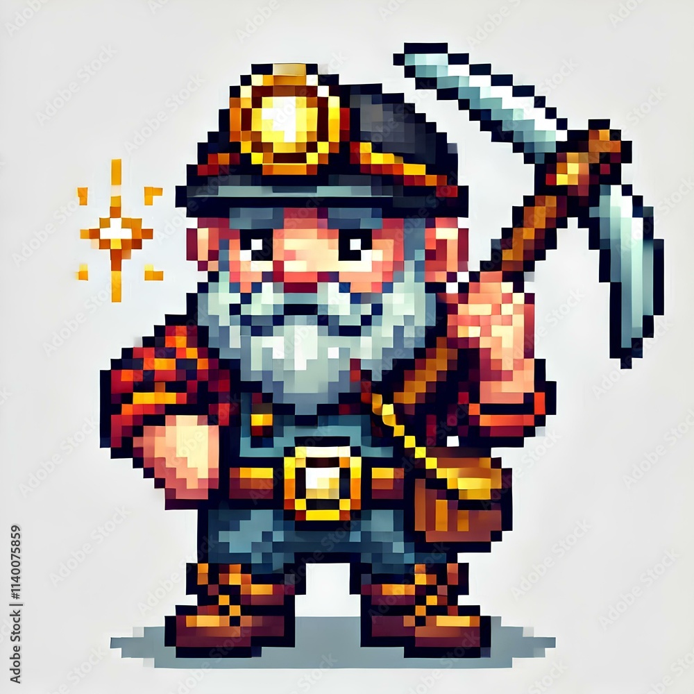Fototapeta premium Dwarf Miner Holding Pickaxe in Pixel Art