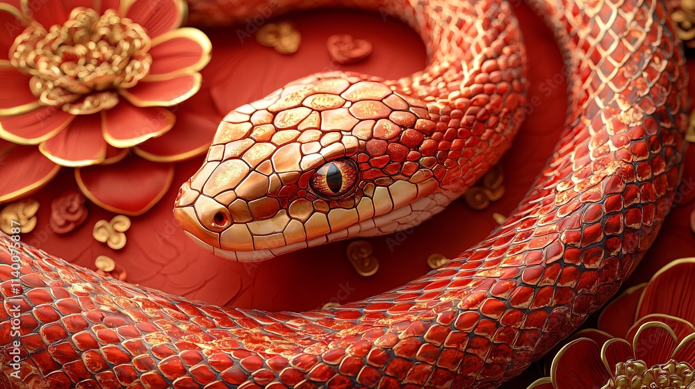 Red Snake Gold Accents Floral Background Chinese New Year