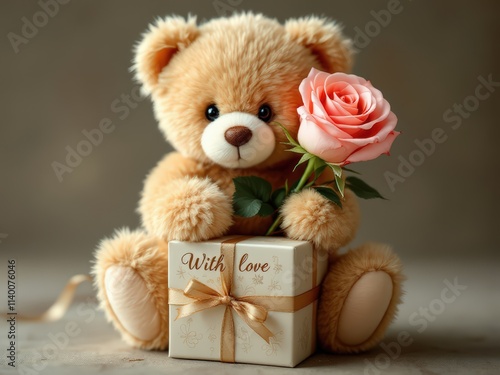 Small Teddy Bear Holding a Rose in a Gift Box – Cute Valentine’s Day Gift photo