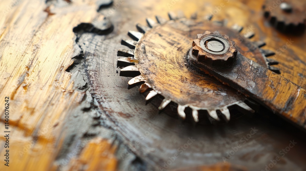 Rusty gear mechanism of a disk saw showcasing intricate details and textures on a wooden surface in macro photography. Rusty gear mechanism of a disk saw showcasing intricate details and textures on a wooden surface in macro photography.