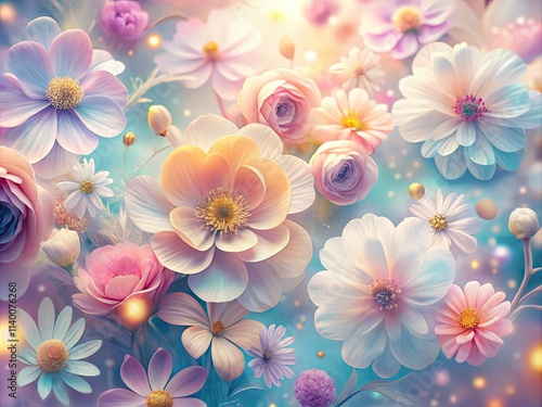 AI art: A panoramic pastel floral dream. Soft hues and dreamy blooms fill a breathtaking background.