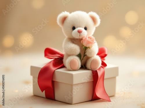 Small Teddy Bear Holding a Rose in a Gift Box – Cute Valentine’s Day Gift photo