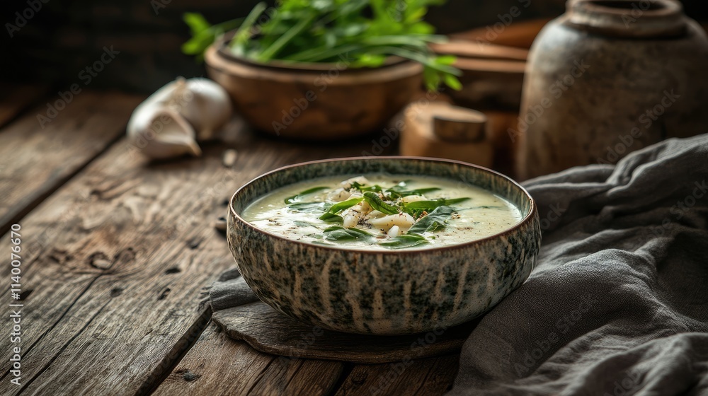 Creamy wild garlic soup in rustic bowl with fresh leaves on wooden table beautifully styled for a cozy culinary setting Creamy wild garlic soup in rustic bowl with fresh leaves on wooden table beautifully styled for a cozy culinary setting