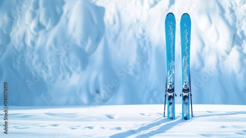 Blue Skis on Snowy Mountain Slope: A Winter Sports Scene