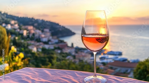 Gourmet dinner at sunset with cold dry rosÃ© wine overlooking the Riviera in a beautiful summer vacation setting photo