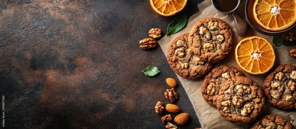 Delicious cookies with dried oranges nuts and baking tools on textured table with empty space for recipes or promotions Delicious cookies with dried oranges nuts and baking tools on textured table with empty space for recipes or promotions