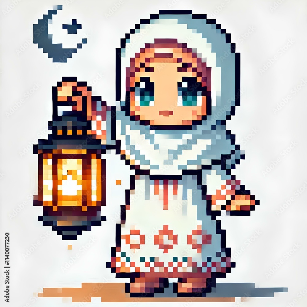 Obraz premium Little Muslim Girl with Lantern in Pixel Art