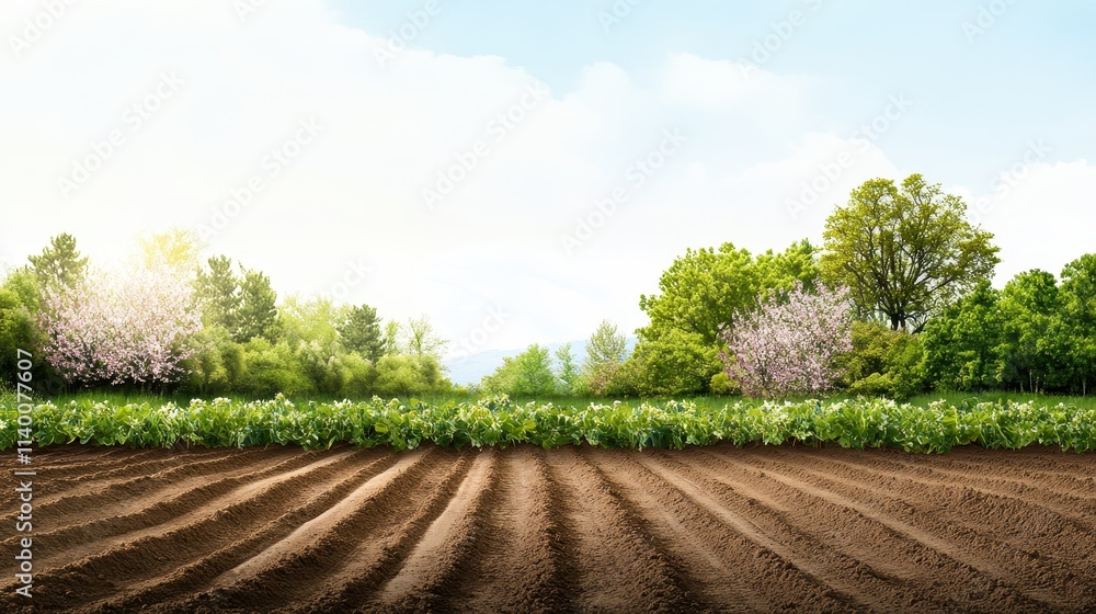 Obraz premium Scenic Landscape of Cultivated Fields with Blooming Trees and Lush Greenery