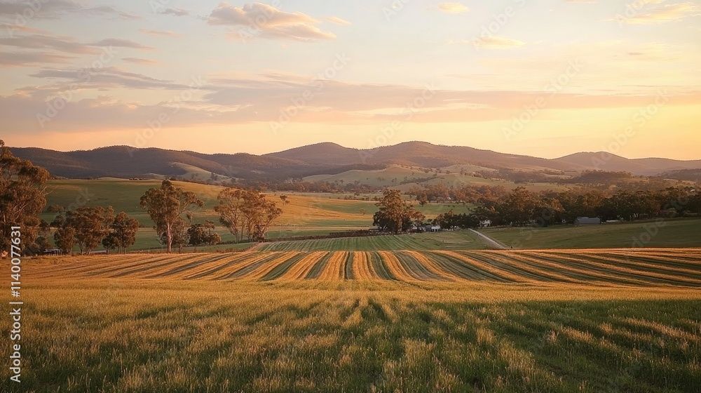 Serene sunset over rolling hills and fertile farmland with golden fields and distant mountains creating a tranquil landscape scene Serene sunset over rolling hills and fertile farmland with golden fields and distant mountains creating a tranquil landscape scene