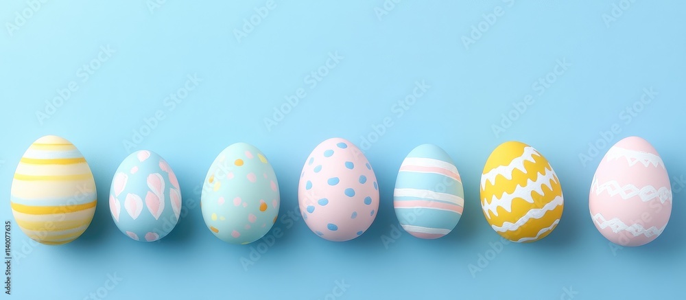 Fototapeta premium Colorful Easter eggs arranged on a vibrant blue background for festive holiday celebrations and springtime decorations