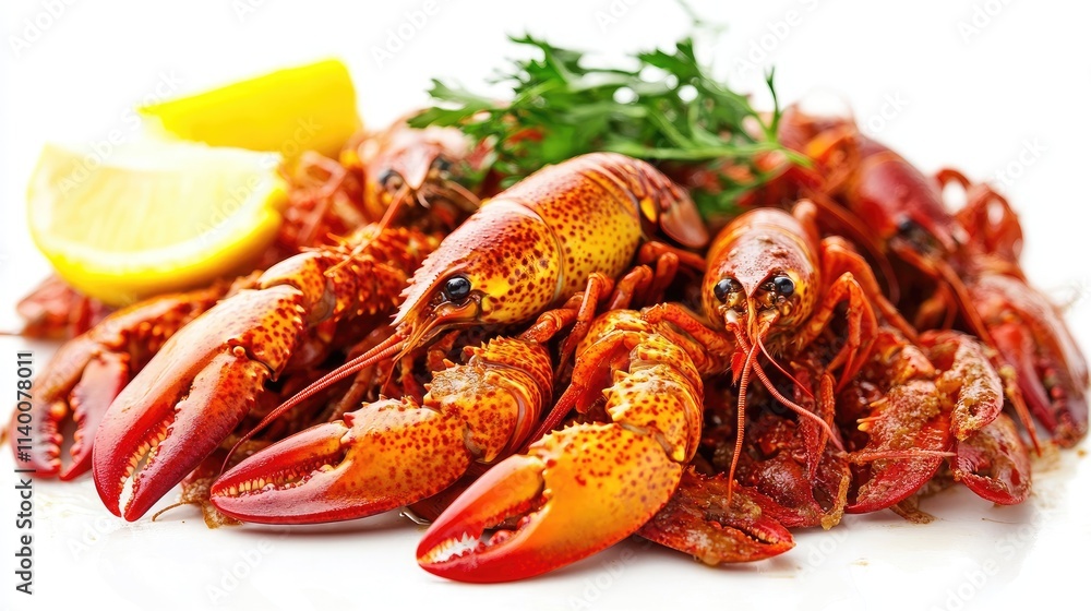 Freshly cooked crawfish with lemon and herbs arranged on a white background for culinary and seafood themed presentations Freshly cooked crawfish with lemon and herbs arranged on a white background for culinary and seafood themed presentations