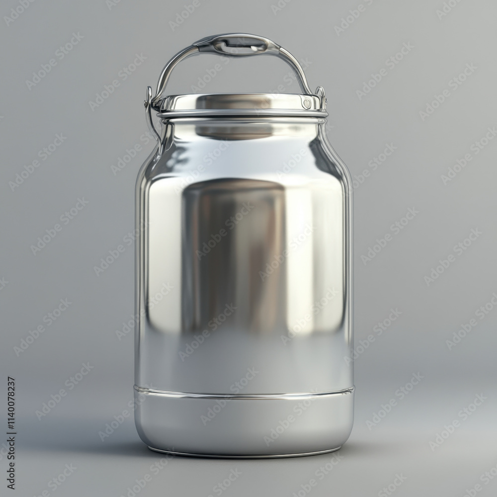 A shiny metal jar with a handle, typically used for storing liquids like milk. A shiny metal jar with a handle, typically used for storing liquids like milk.